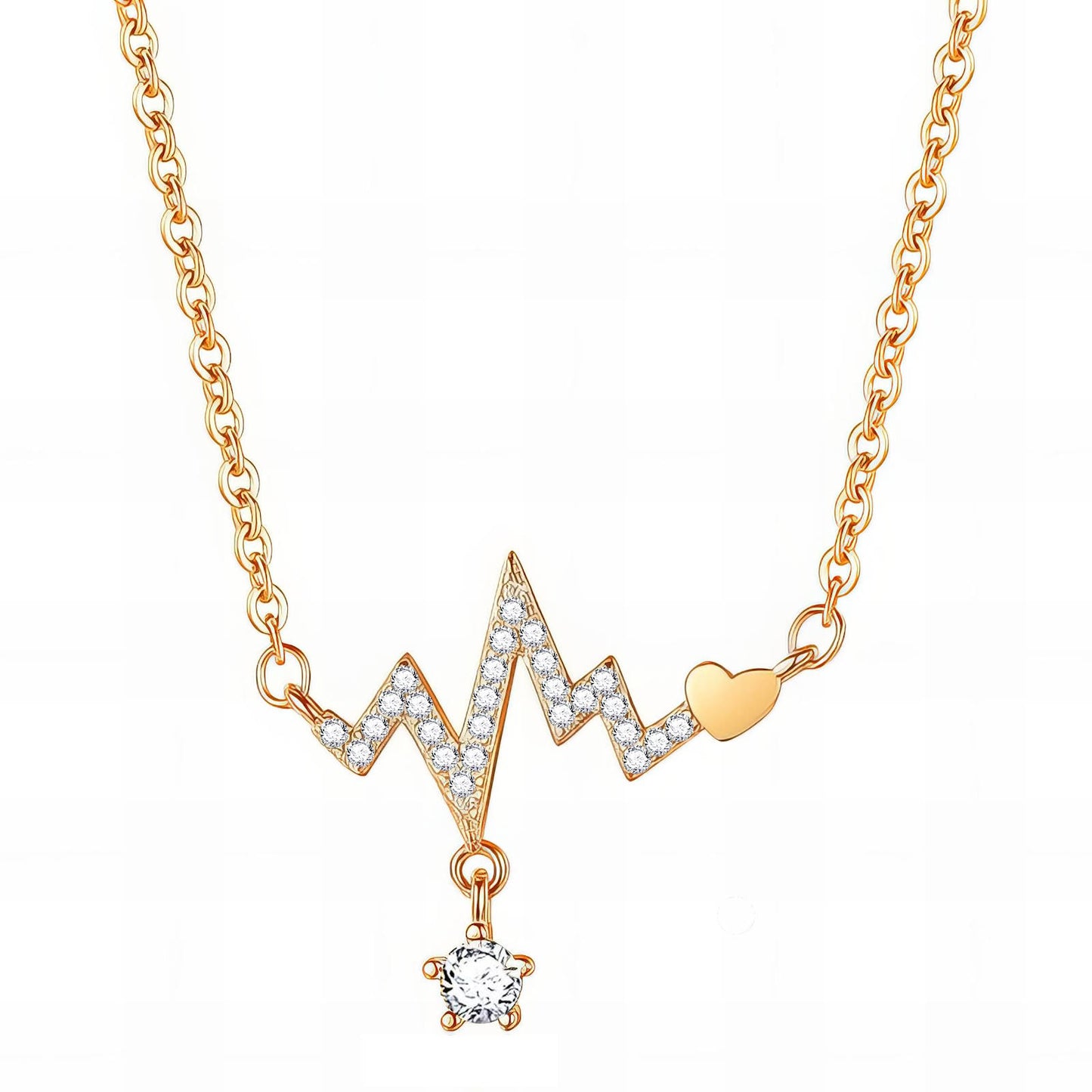 18K Gold Plated Heartbeat Necklace with Cubic Zirconia - Waterproof & Hypoallergenic - BWCL016