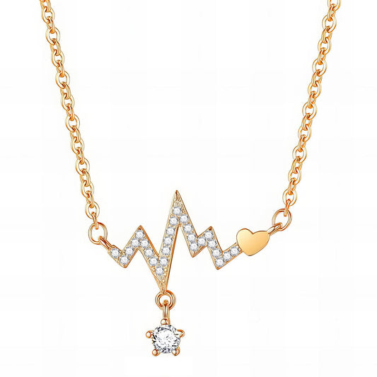 18K Gold Plated Heartbeat Necklace with Cubic Zirconia - Waterproof & Hypoallergenic - BWCL016