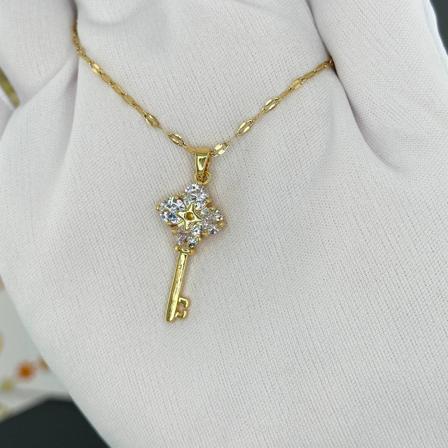 18K Gold Plated Key Pendant Necklace with Cubic Zirconia - BWCL030