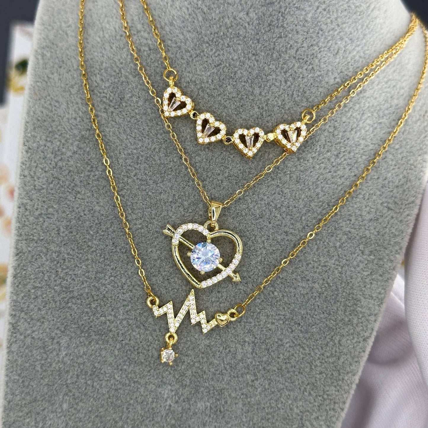 18K Gold Plated Heartbeat Necklace with Cubic Zirconia - Waterproof & Hypoallergenic - BWCL016