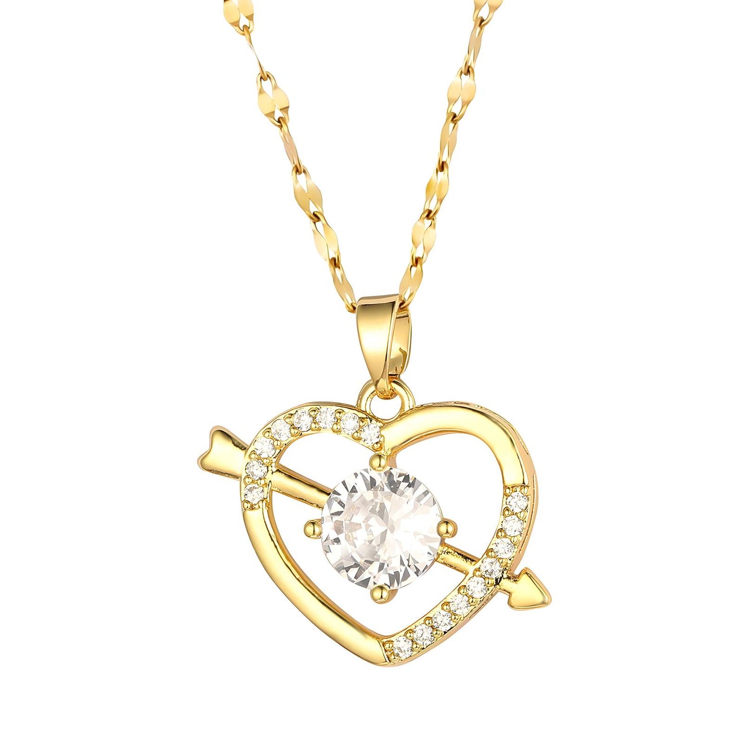 18K Gold Plated Heart & Arrow Necklace with Cubic Zirconia - Waterproof & Hypoallergenic - BWCL025