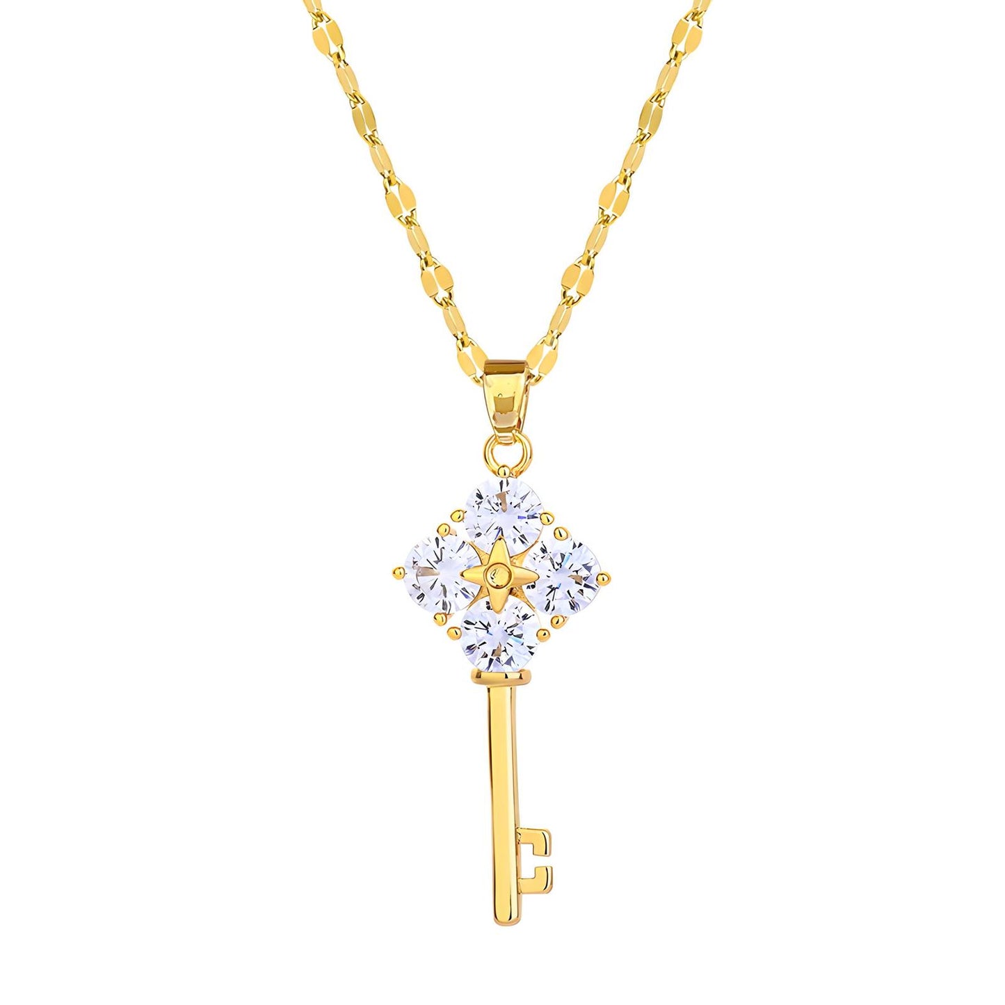 18K Gold Plated Key Pendant Necklace with Cubic Zirconia - BWCL030