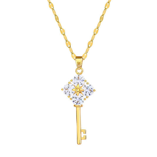 18K Gold Plated Key Pendant Necklace with Cubic Zirconia - BWCL030