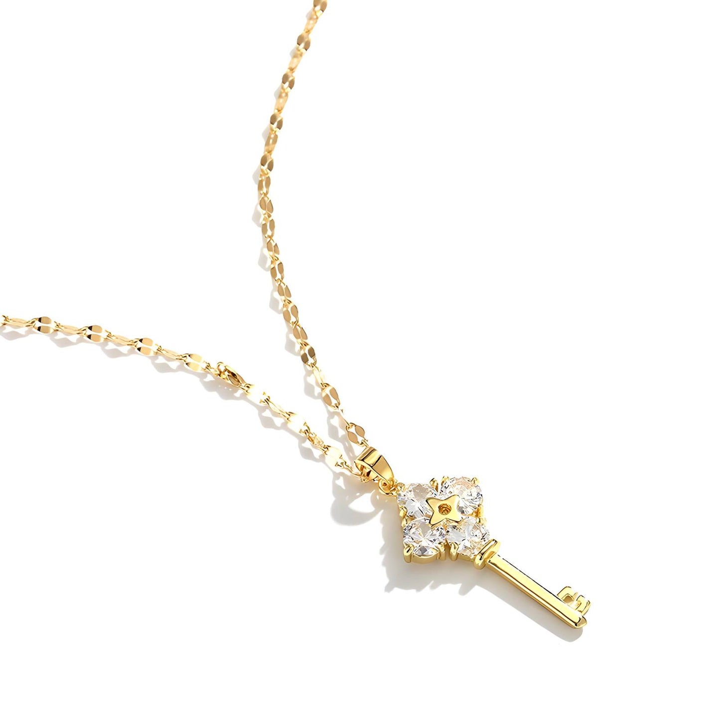 18K Gold Plated Key Pendant Necklace with Cubic Zirconia - BWCL030