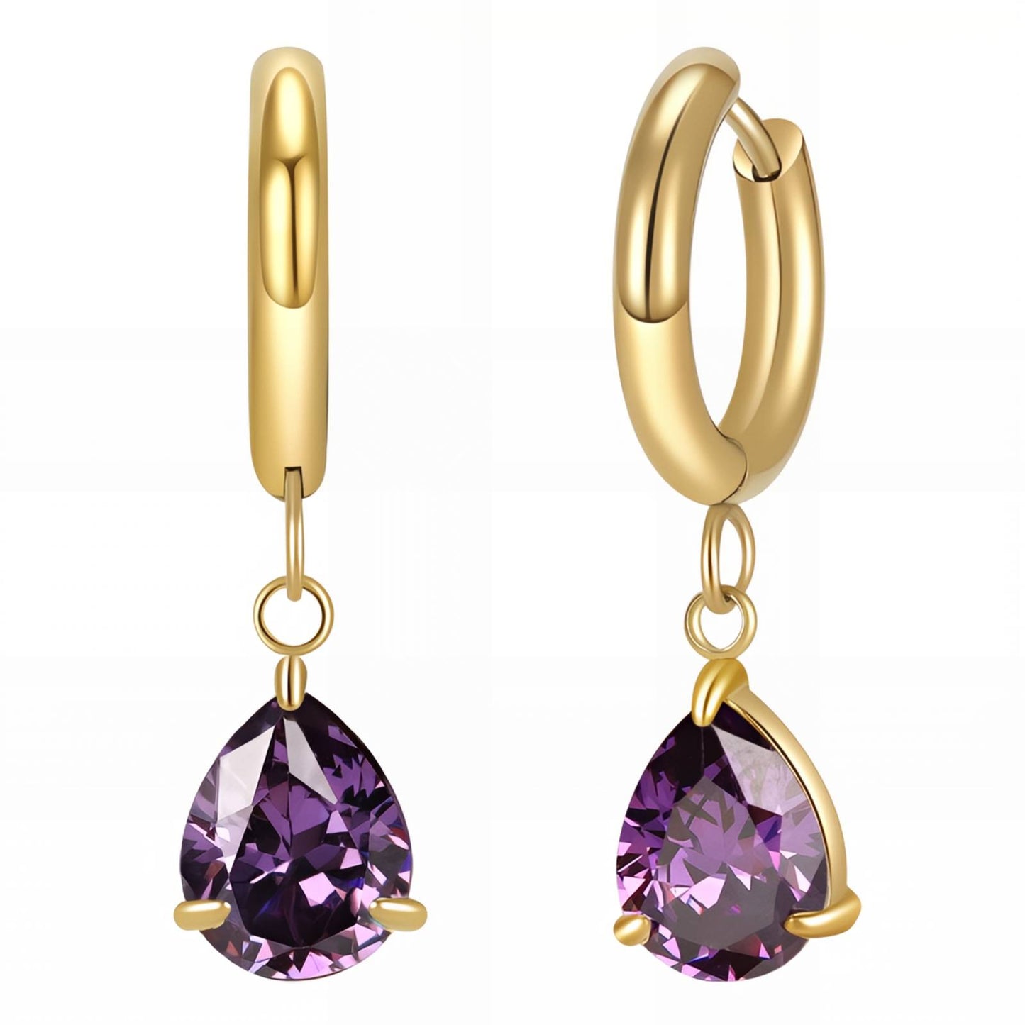 18K Gold Plated Hoop Earrings with Purple Cubic Zirconia - BWBO025
