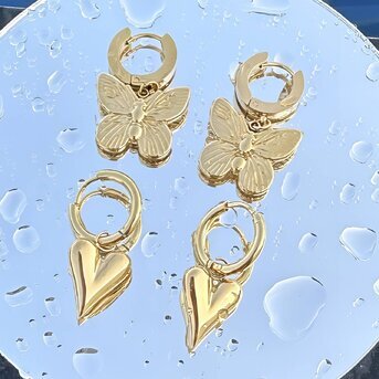 18K Gold Plated Heart Drop Hoop Earrings - BWBO010